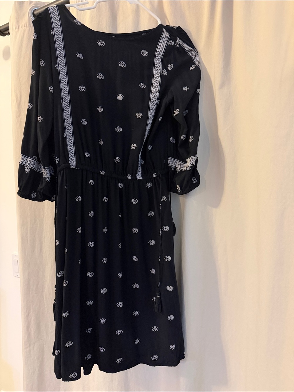 Ann Taylor Black Dress with White Dot Print and Tassel Tie